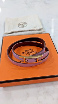 Pulseira HERMES Behapi tour duplo rosa/vinho reversível com ouro "H" cor rara - Imagem 1 de 4