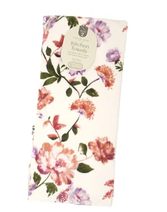 Kitchen Towels Set of 2 dish hand Rust Purple Green Floral on white velour plush - Picture 1 of 4