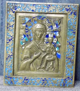 Antique Russian 1800s bronze enamel ICON, Orthodox Religious Icon Virgin Mary - Picture 1 of 9