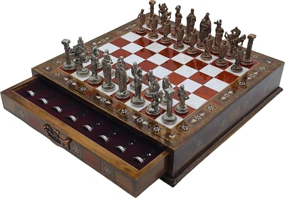 Juego de ajedrez hecho a mano de 15’’, piezas de metal del ejército británico, tablero de madera de almacenamiento, rosa Foto 1 de 4