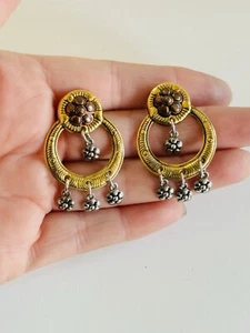 90s Earrings VTG Dangle Chunky Flashy Mod pierced hoop Gold Silver Copper Drop - Picture 1 of 6