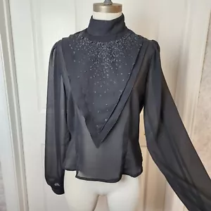 Vintage Damenbluse schwarz glitzernd Perlen Langarm halbtransparent elegant Größe 9 oder M - Bild 1 von 11