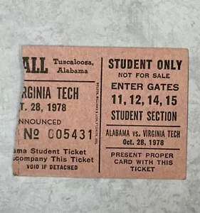 Vtg 1978 Alabama vs Virginia Tech Student Ticket Stub Football BAMA Won 35 - 0 - Picture 1 of 3