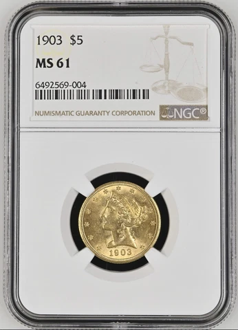1903 $5 NGC MS 61 LIBERTY GOLD COIN HALF EAGLE Cover