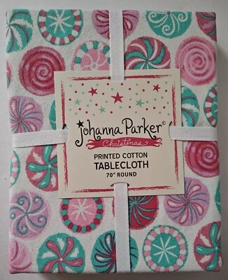 Johanna Parker 70" Round Tablecloth Candy Pink Green Christmas Holiday Kid Party - Image 1 of 4