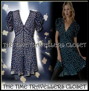 VESTIDO DE TÉ KATE MOSS VINTAGE AÑOS 40 SEGUNDA GUERRA MUNDIAL TOPSHOP AZUL MARINO BEIGE TRÉBOL con SLIP UK 10 - Imagen 1 de 5