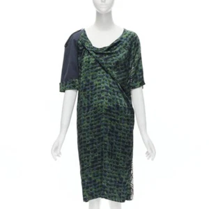 DRIES VAN NOTEN green navy draped silk contrast short sleeve dress FR36 S - Picture 1 of 12