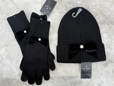 Kate Spade Velvet Bow Beanie Black Knit Hat & Touchscreen Glove Set NEW NWT - Image 1 of 4