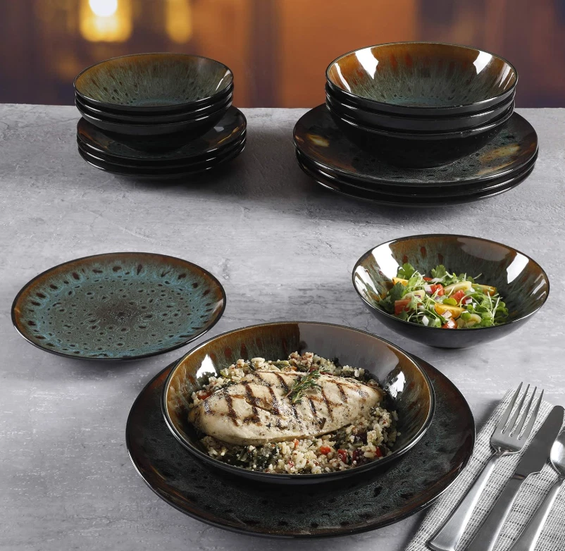 Gibson Elite Kyoto Double Bowl Dinnerware Set Service for 4 16pcs Teal