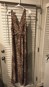 Mujeres Media Luna Halter Top Sin Mangas Espalda Maxi Vestido Estampado Animal Talla Med - Imagen 1 de 4