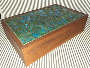 VTG SIGNED MOSIAC ART TILE HINGED WOOD JEWELRY BOX w/TRAY GOLD COPPER BLUE GREEN - Picture 1 of 12