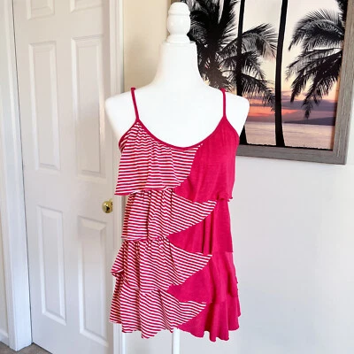 Women’s Kirra Tank | Spaghetti Strap | Pink & White Stripe | Ruffles | Medium - Image 1 of 4