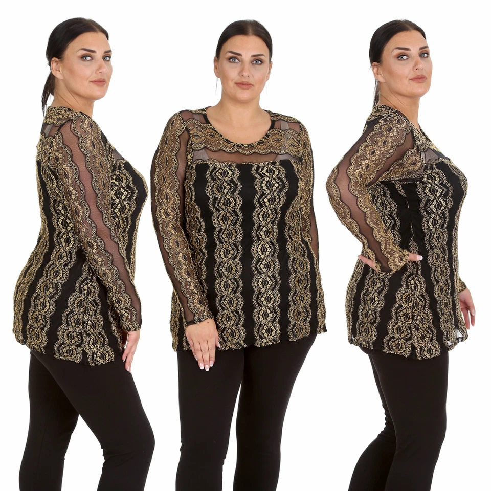Nouvelle Plus Size Jacquard Lace Top Gold Foil Floral Women Ladies Frill Blouse - Image 1 of 1