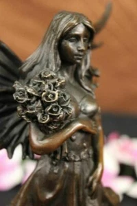 Signed Love Fairy Mythical Figurine With Flowers Bronze sculpture Art Nouveau - Picture 1 of 10