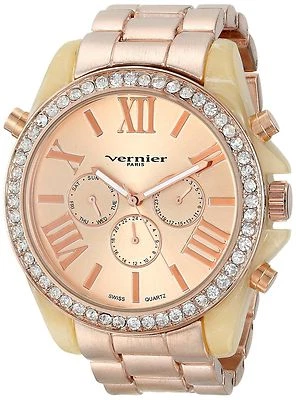 NEW Vernier VNRP11172RG Women's Boyfriend Tortoise Enamel Bezel Calendar Watch - Image 1 of 2