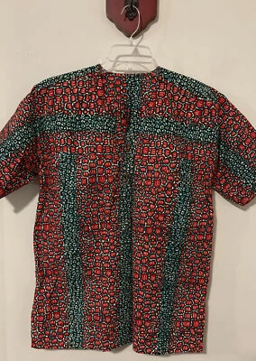¡Camisa de algodón roja pequeña colorida cultural africana para hombre con bolsillo en el pecho! A6424 Foto 1 de 4