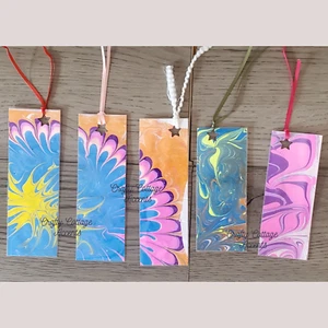 Handmade Water Marble Bookmarks Lot of 5  Abstract Laminated Star Ribbon Designs - Picture 1 of 4