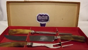Vtg SHEFFIELD 3 Piece Carving Set SWIRLED BAKELITE Fork, Knife + Sharpening Rod - Picture 1 of 12