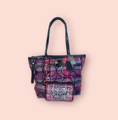 COACH Vintage Y2K Signature Tartan Poppy Plaid Tote Shoulder Bag Wristlet F15229 - Image 1 of 4