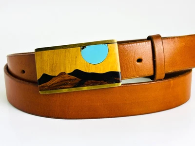 Exotic Mixed Wood Mountain Turquoise Moon Star Belt Sz 38 & Buckle Kenneth Reid - Image 1 of 4
