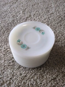 Set Of 15 Vintage Fire King Oven Ware Bonnie Blue Saucers Flower Milk Glass - Picture 1 of 7