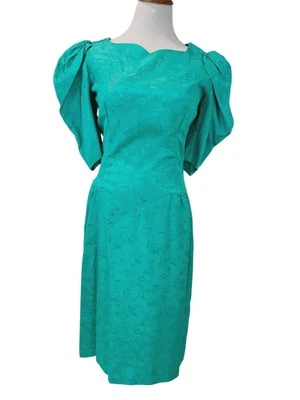 True Vintage 20 世纪 80 年代手工压花青绿色蓬松袖口连衣裙 — 第 1/4 张图片