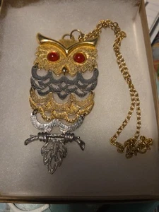 Vintahe Goldtone Silvertone Movement Orange Eye Owl Pendant 20 Imch Necklace... - Afbeelding 1 van 4