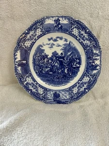 Vintage CROWN DUCAL Blue Dinner Plate FIRST THANKSGIVING AMERICA 10" - Picture 1 of 2