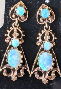 Pendientes colgantes de ópalo natural con araña victoriana de 14K - Imagen 1 de 5