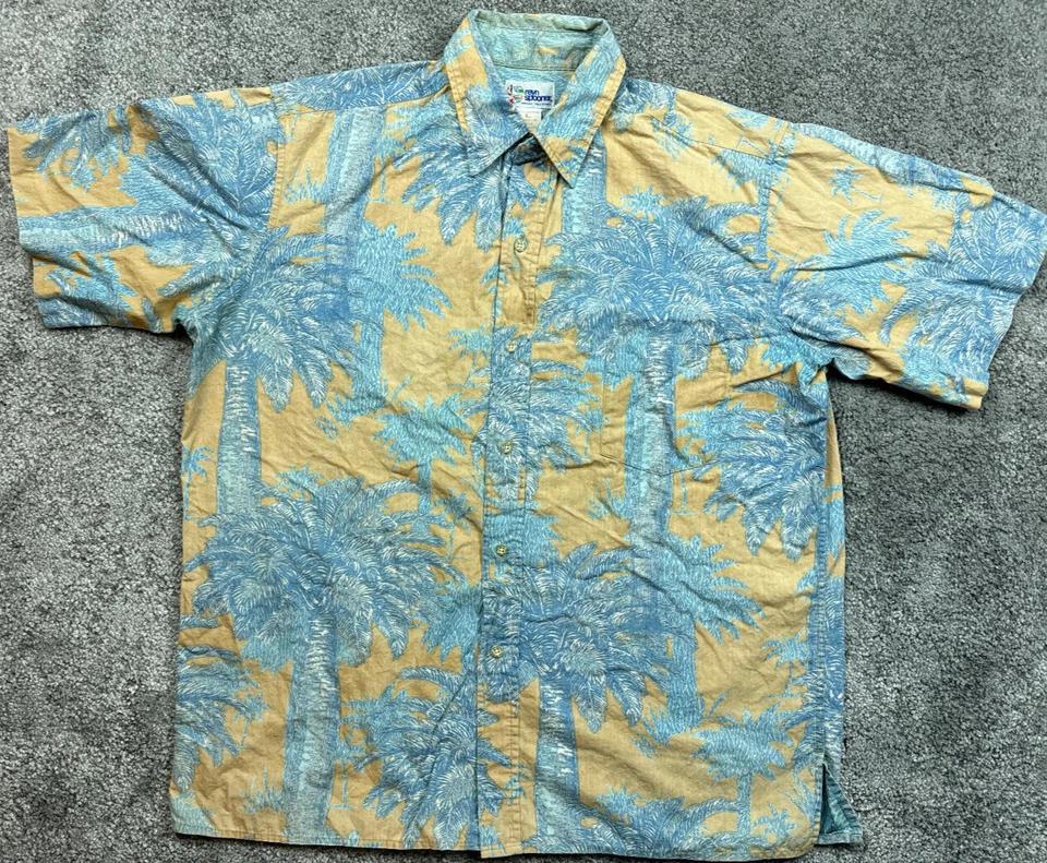 Camisa Hawaiana Reyn Spooner Grande Azul Amarillo Estampado de Palmeras Con Botones Para Hombres Foto 1 de 4