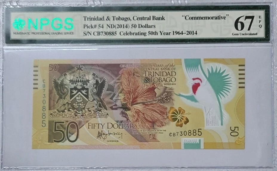 2014 Trinidad & Tobago $50 COMMEMORATIV NPGS67 EPQ SUPERB GEM UNC'Polymer'{P-54} - Image 1 of 4
