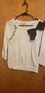 Forever 21 blouse small black Bow White Sweater Top Rhinestone - Picture 1 of 5