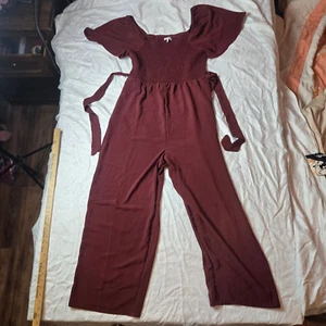 NWOT Maurices Jumpsuit Women 2XL burgandy round Neck Short Sleeve Straight - Picture 1 of 5