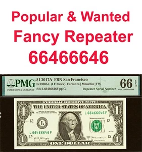 2017A $1 Federal Reserve Note PMG 66EPQ wanted popular repeater 66466646 - Picture 1 of 4