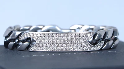 Brazalete de identificación redondo con bordillo de diamantes conjunto pavé de 5 filas de plata de ley David Yurman para hombre Foto 1 de 4