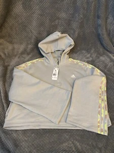 Adidas Hooded Cropped Sweatshirt Women XL Wonder Silver Hoodie Loose Fit ~NWT~ - Picture 1 of 4