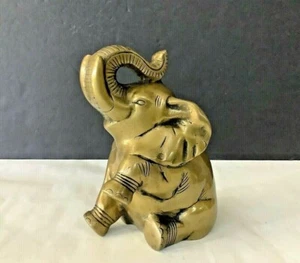 Vintage 3 LBS Solid Brass Decorative 6-3/4”Tall Sitting Elephant Statue Figurine - Picture 1 of 5