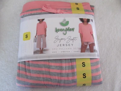 Conjunto de pijama de 3 piezas Honeydew - Capri/pantalones cortos - Coral y rayas grises - Talla S (4/6)-NUEVO CON ETIQUETAS Foto 1 de 4