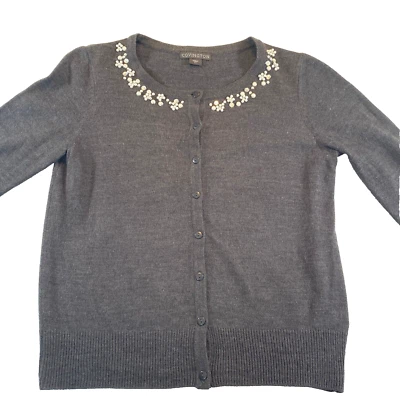 Covington Gris Suéter Cárdigan Pequeño Cuentas Escote Blanco Perlas Estrás Foto 1 de 4