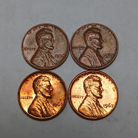 Lot of 4x Lincoln Memorial 1 Cent Coins - 1964 1965 1966 1967 - Bronze Pennies Cover
