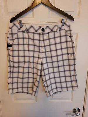 Puma Golf Mens Stretch Plaid Casual White Black Shorts Size 34 - Image 1 of 4