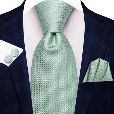 Juego de corbata a cuadros verde salvia para hombre traje de boda con cuadrado de bolsillo y gemelos Foto 1 de 4