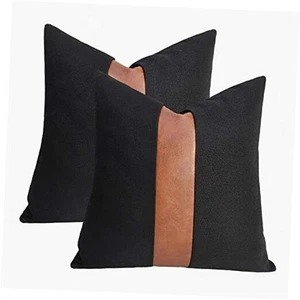 Set of 2 Linen Patchwork Faux Leather Throw Pillow 18" x 18" (Pack of 2) Black - Picture 1 of 7