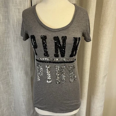 Victoria’s Secret PINK Spell Out T Shirt Womens Grey Sequin Logo Long Bling Lg - Image 1 of 4