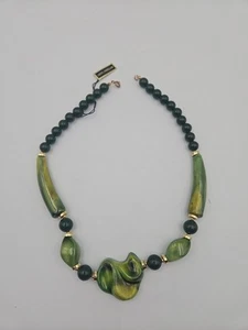 Gold Tone Green Porcelain And Lucite Necklace 18" - Picture 1 of 4