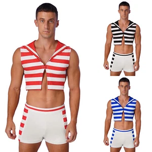 Men's Nautical Sailor Costume Striped V Neck Crop Tank Top Outfits Boxer Shorts - Picture 1 of 47
