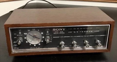 1960s Sony 8FC-55W Alarm Clock Radio, 9 Transistor, Wood Case, works, AM/FM/AFC Cover