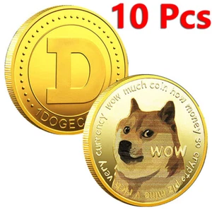 10 Pcs Gold Plated Commemorative Dogecoin Bitcoin Collectors Decoration - Picture 1 of 7