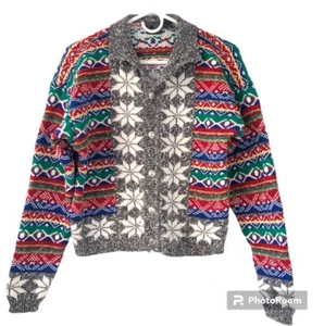 Maglione cardigan vintage grosso Fair Isle taglia M sci nordico fiocco di neve arcobaleno anni 90 - Foto 1 di 21