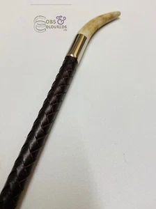 IN-HAND WHIP 20" WITH STAG HORN HANDLE, BROWN LEATHER MADE IN UK *FREE POSTAGE* - Picture 1 of 4